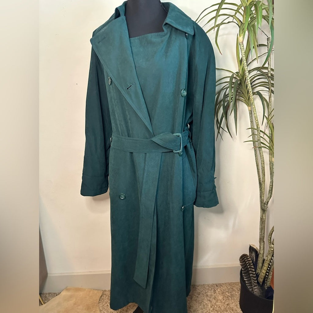 London fog, green suede, maxi, trenchcoat double breasted with belt 10