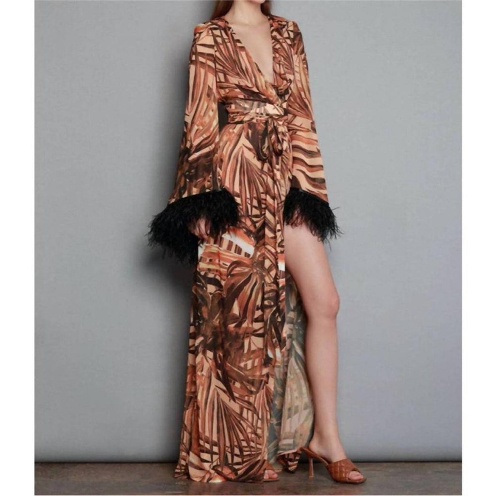 BRONX AND BANCO Geisha 
Kenya Kimono Dress in Printed Silk with Ostrich Feathers