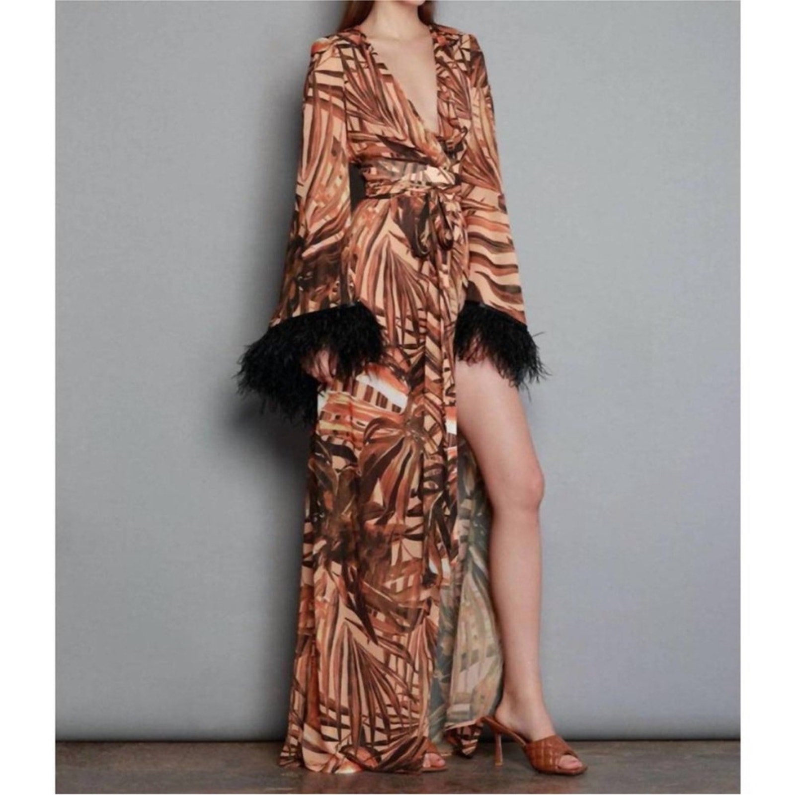 BRONX AND BANCO Geisha 
Kenya Kimono Dress in Printed Silk with Ostrich Feathers