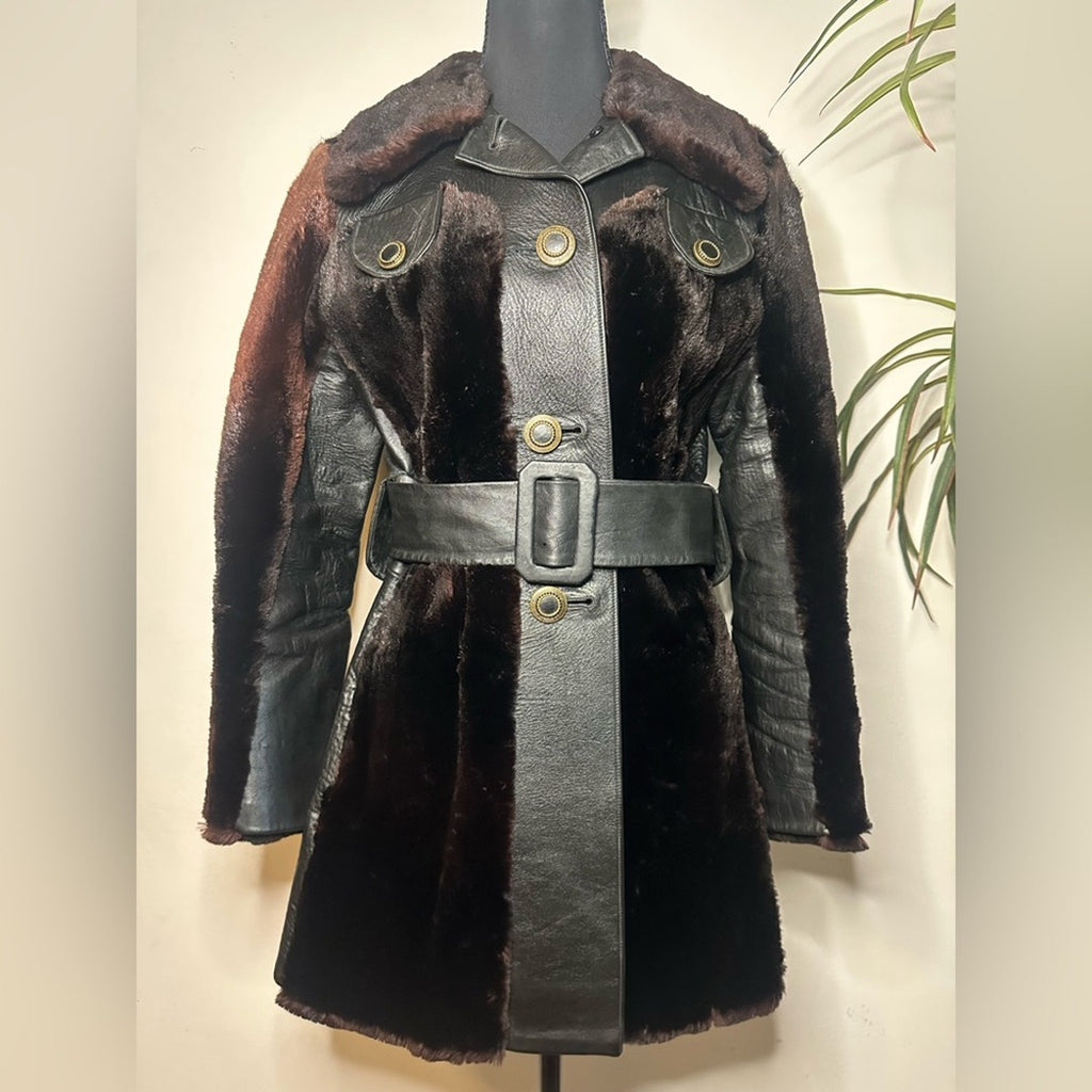 Vintage 70s Tolchinsky Brown Fur & Black Leather Trench Coat Belted Boho Jacket