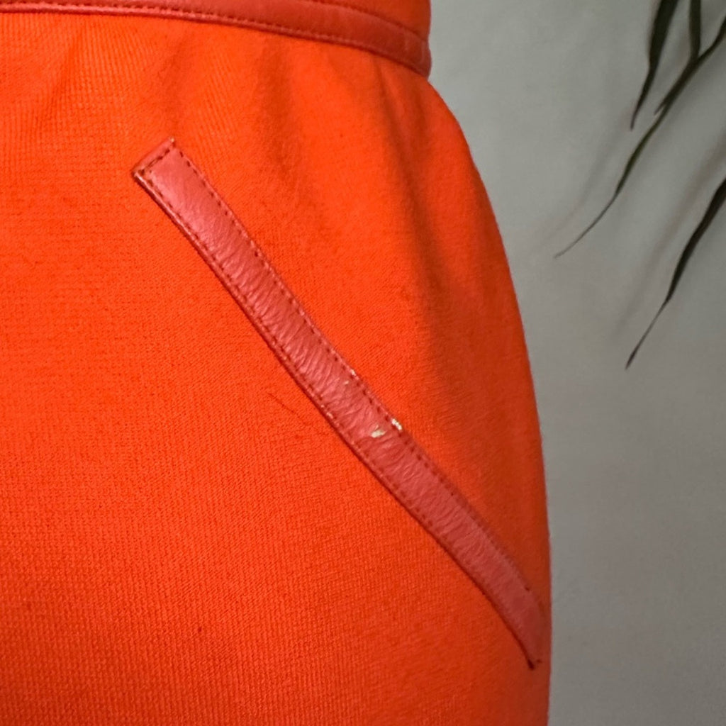 Vintage 1960 Andre Courreges orange wool maxi skirt leather trim high waist maxi