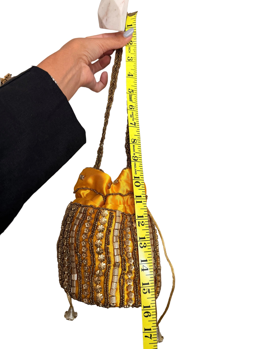 Yellow and Gold Satin beaded drawstring bucket bag