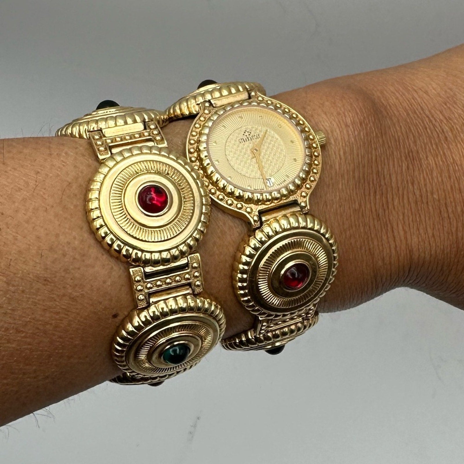 Vintage Girarducci 1960s gold plated jewel double bracelet watch stack sapphire