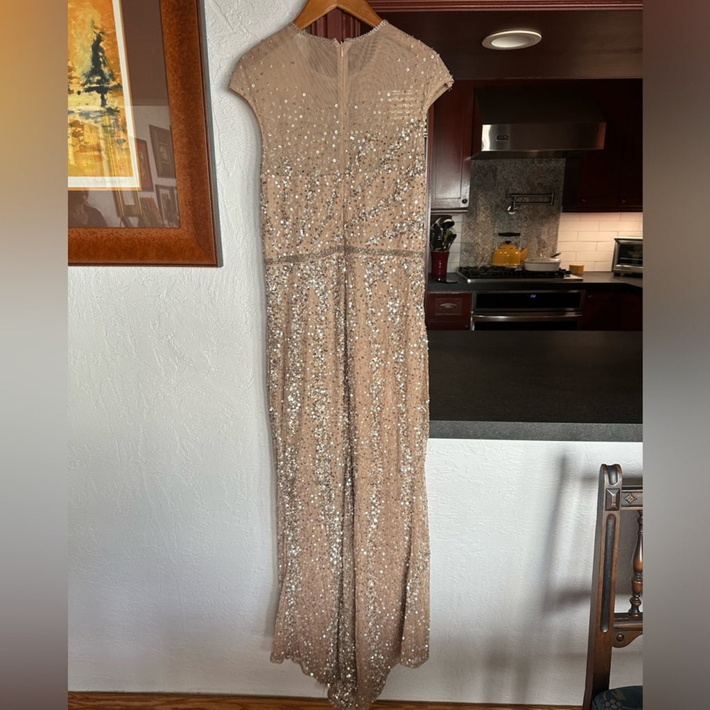 Mac Duggal Illusion Neck Sequin Gown blush pink silver beaded formal dress