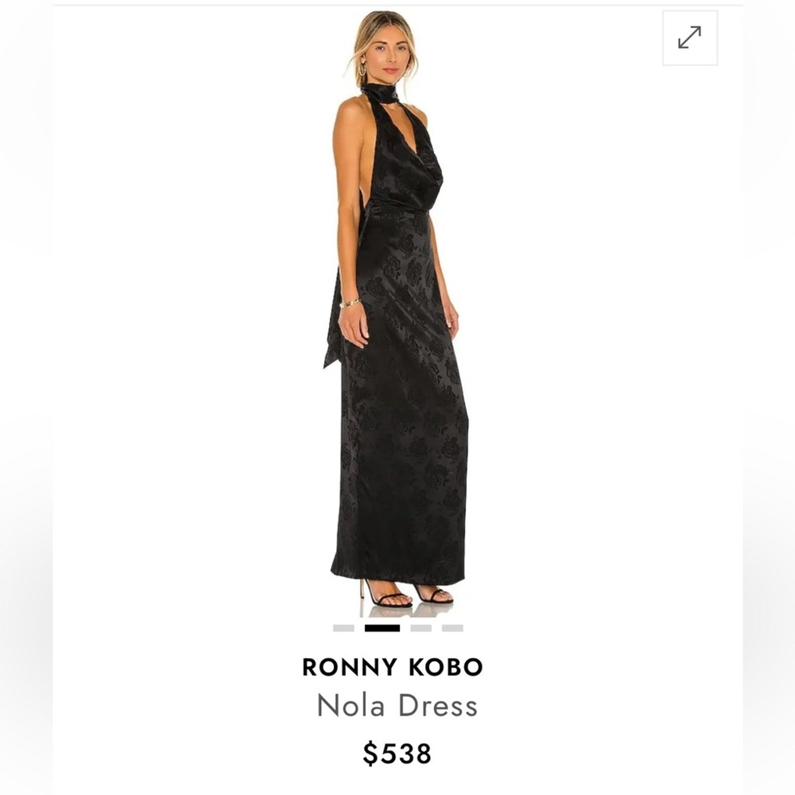 Ronny Kobo black floral Nola evening dress w/ plunging neckline & choker collar