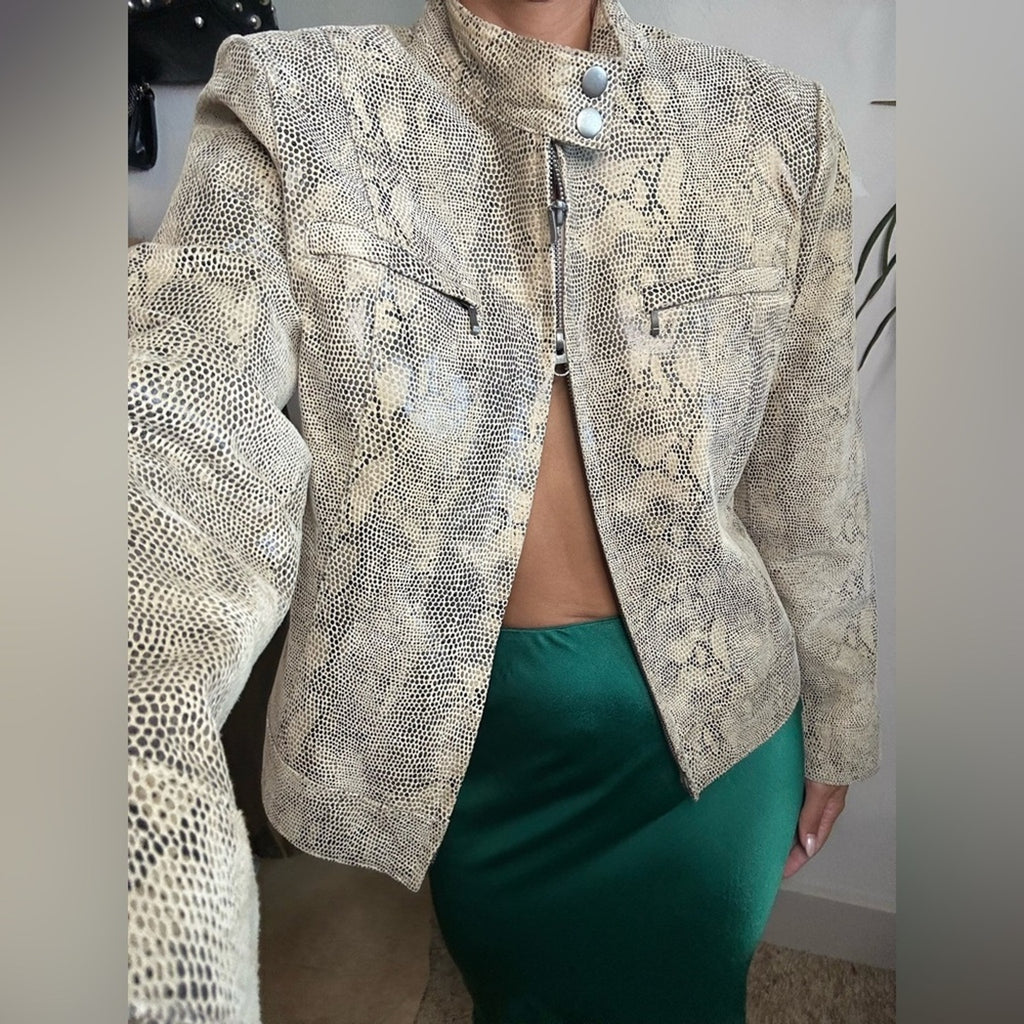Alfani Leather snakeskin boxy double zipper high collar jacket small