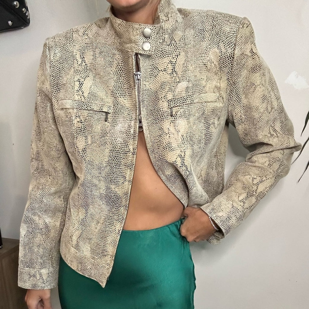 Alfani Leather snakeskin boxy double zipper high collar jacket small