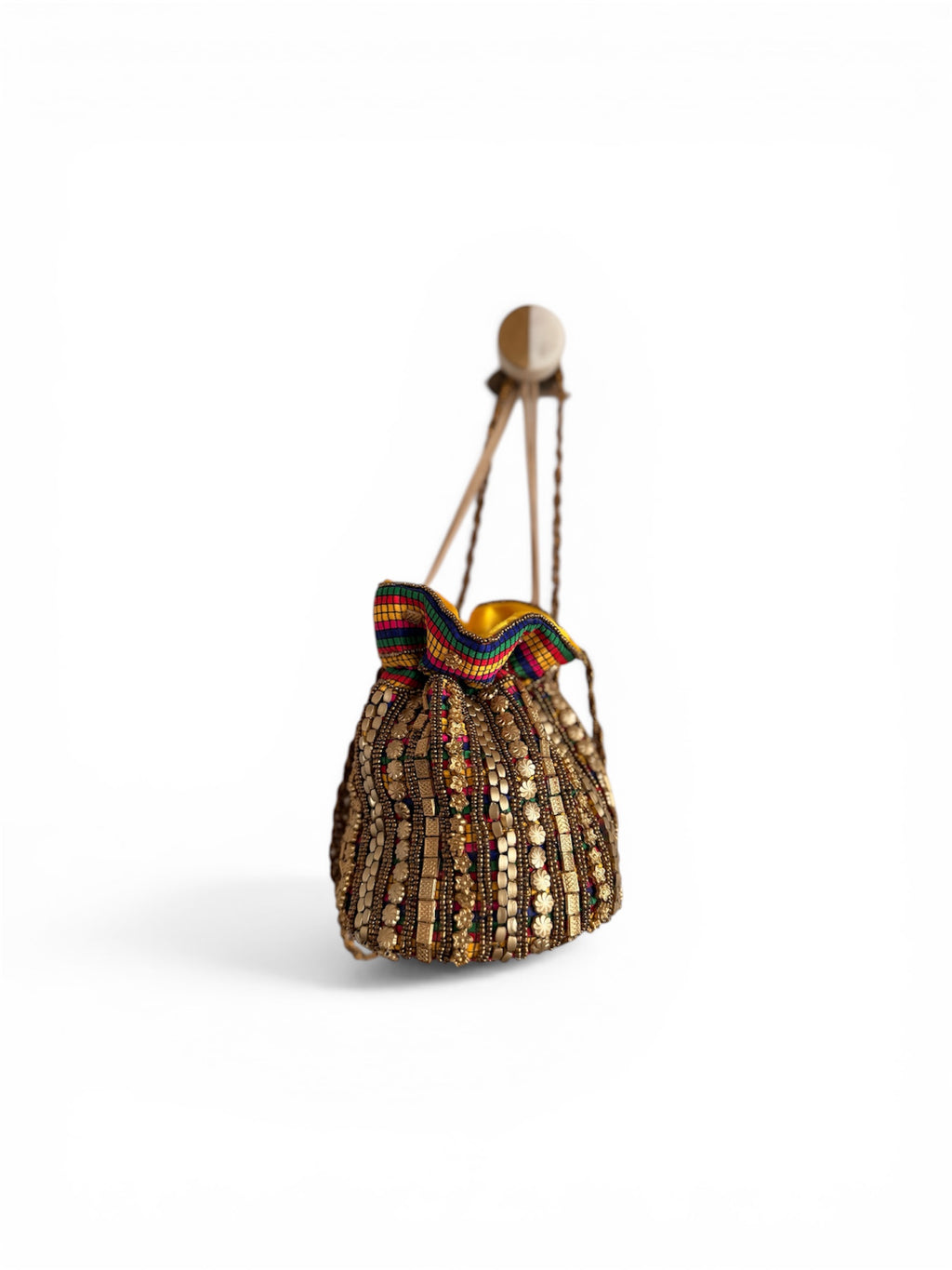 Vintage satin hand beaded evening gold bucket bag ￼