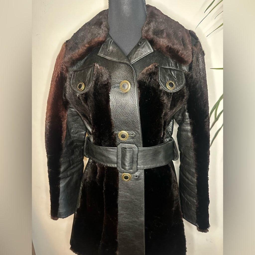 Vintage 70s Tolchinsky Brown Fur & Black Leather Trench Coat Belted Boho Jacket