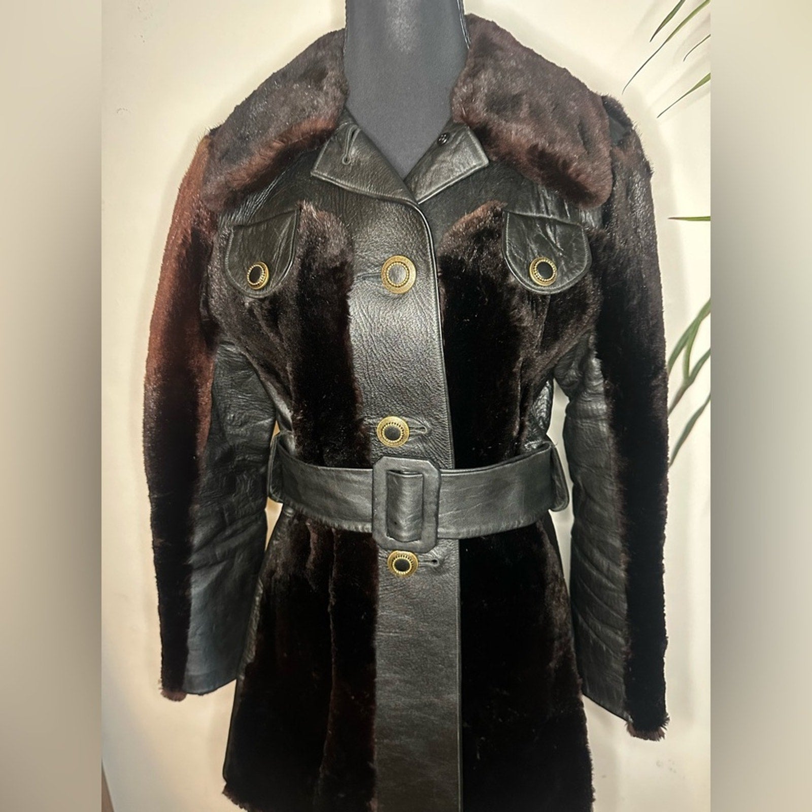 Vintage 70s Tolchinsky Brown Fur & Black Leather Trench Coat Belted Boho Jacket