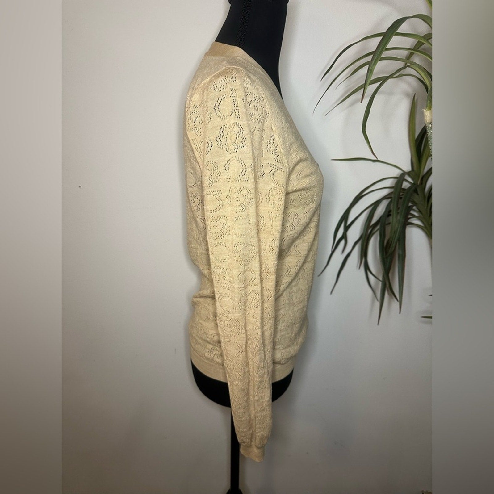 Salvatore Ferragamo tan wool knit cardigan with cutout monogram print Size M