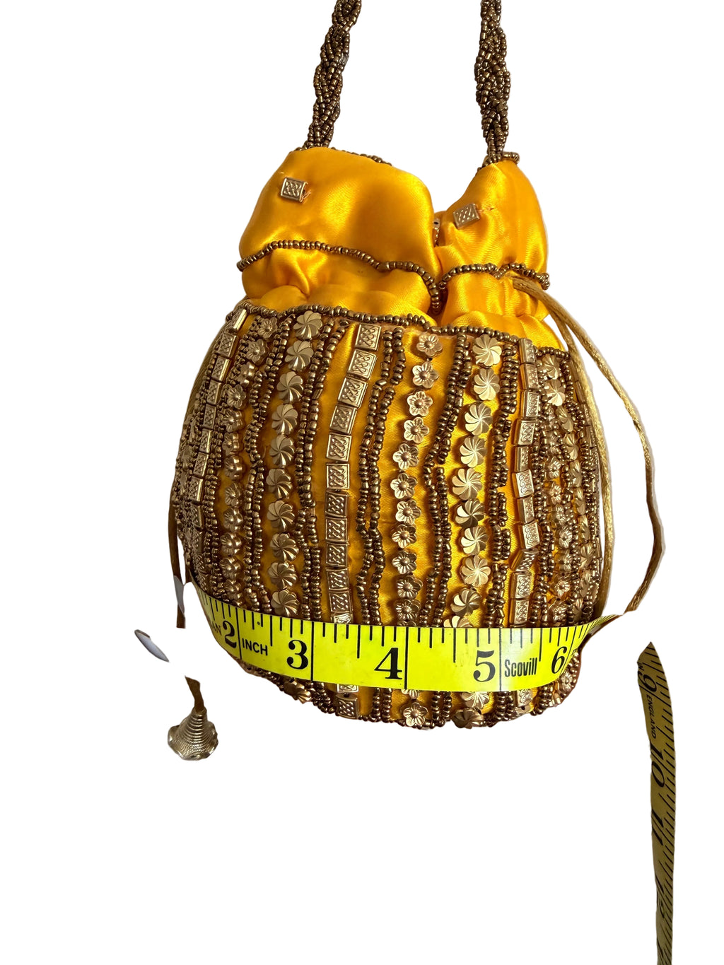 Yellow and Gold Satin beaded drawstring bucket bag