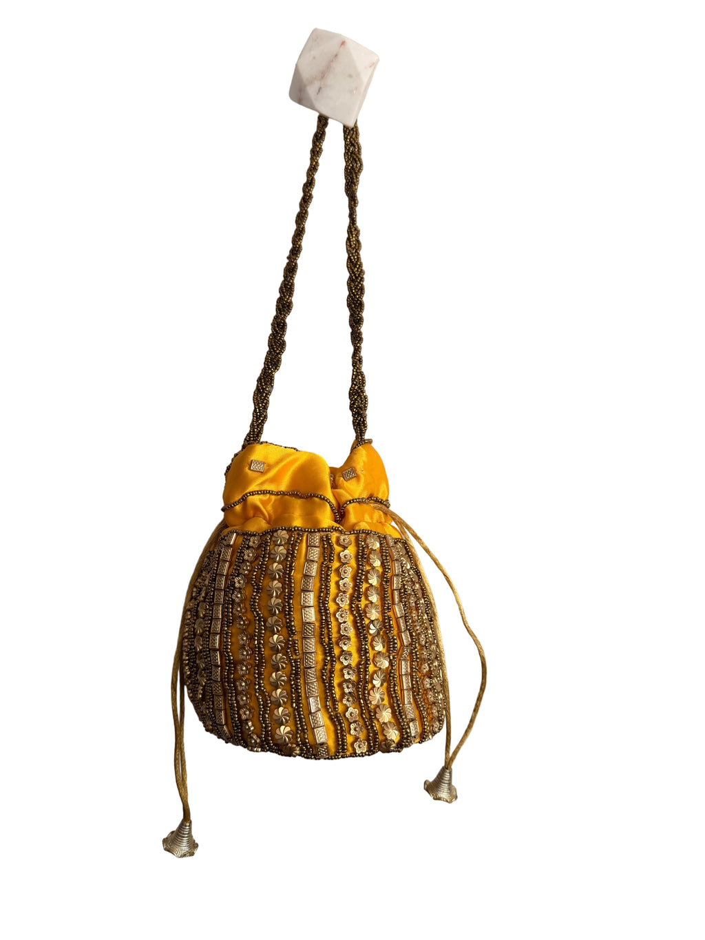 Yellow and Gold Satin beaded drawstring bucket bag