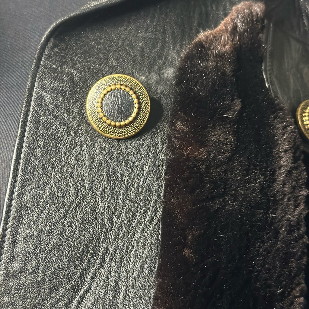 Vintage 70s Tolchinsky Brown Fur & Black Leather Trench Coat Belted Boho Jacket