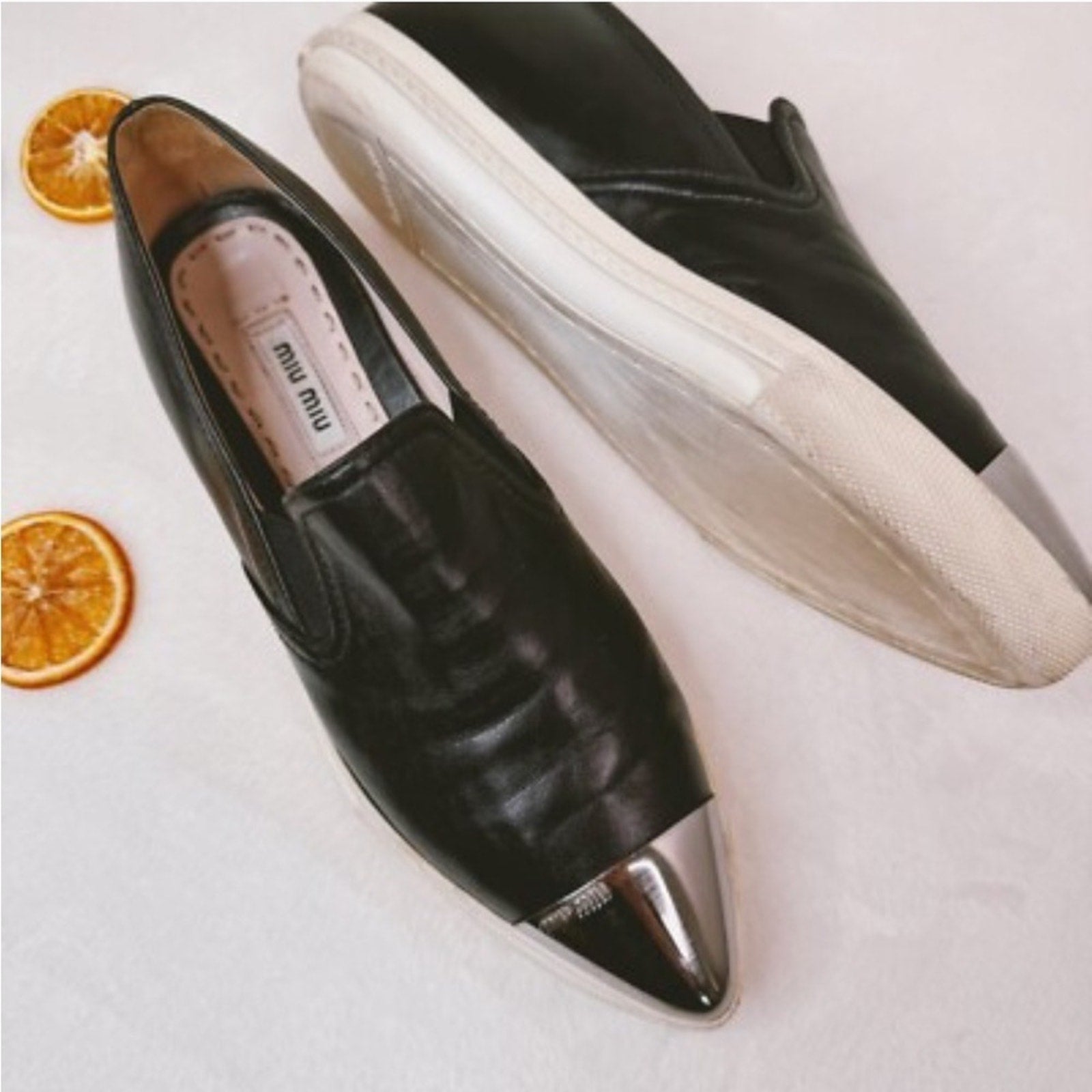 Miu Miu Womens Skate Shoes Black Leather Slip On Metal Cap Toe Size 36 Flats