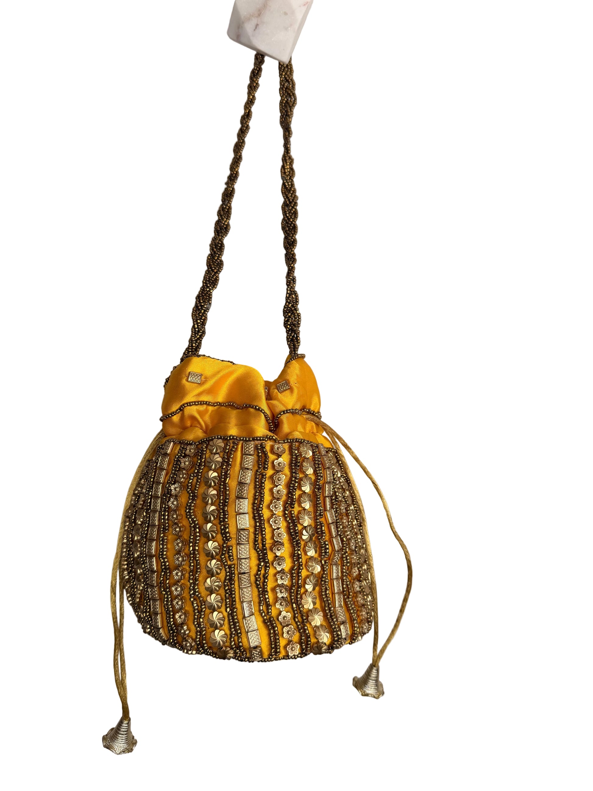 Yellow and Gold Satin beaded drawstring bucket bag