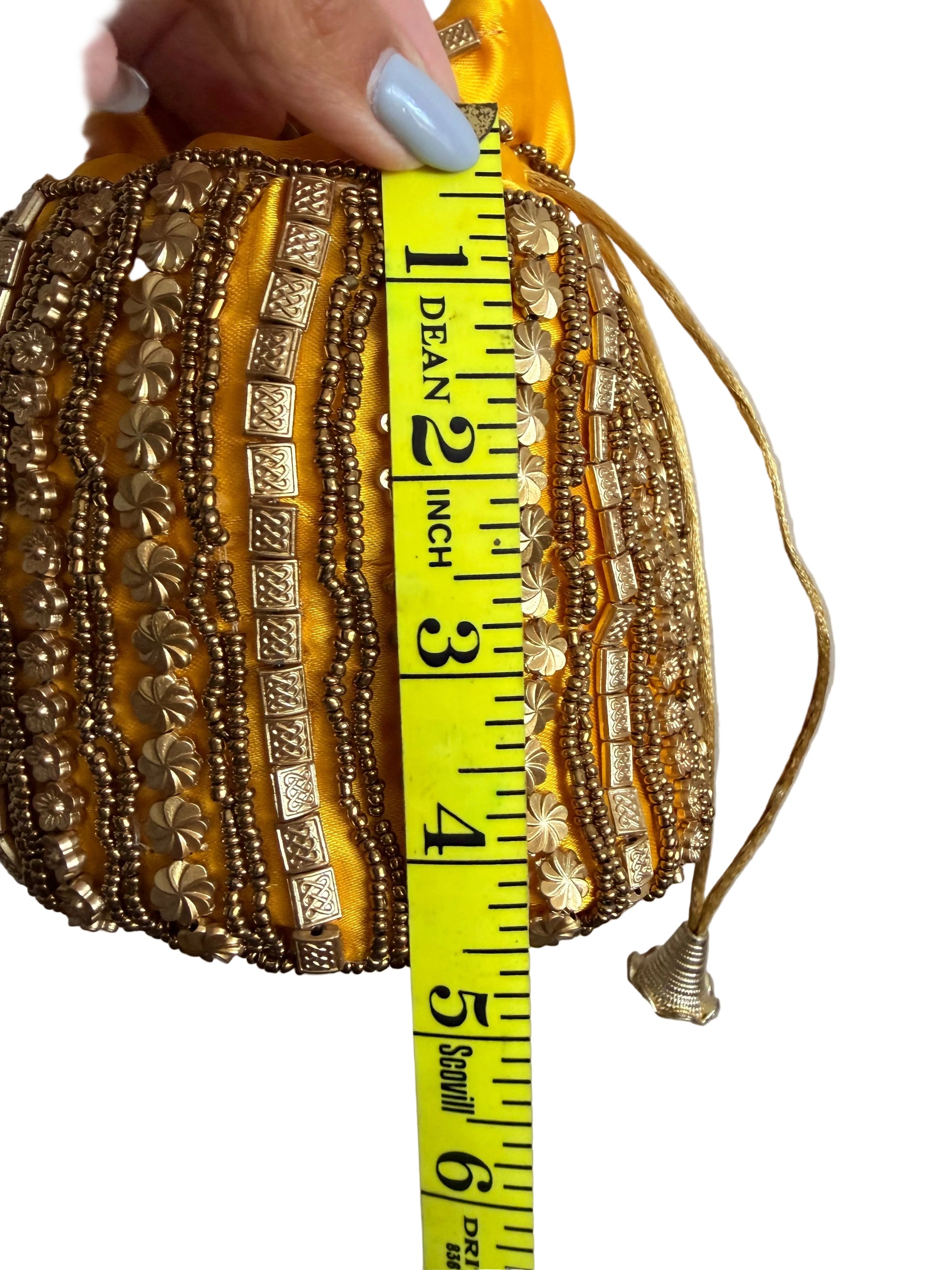 Yellow and Gold Satin beaded drawstring bucket bag