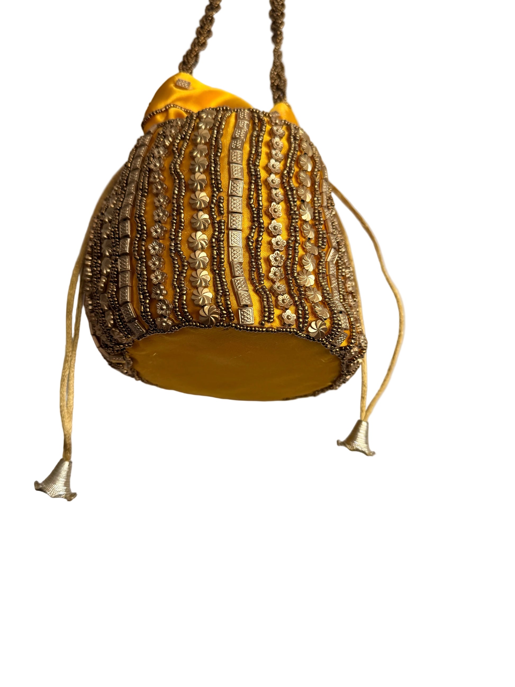 Yellow and Gold Satin beaded drawstring bucket bag