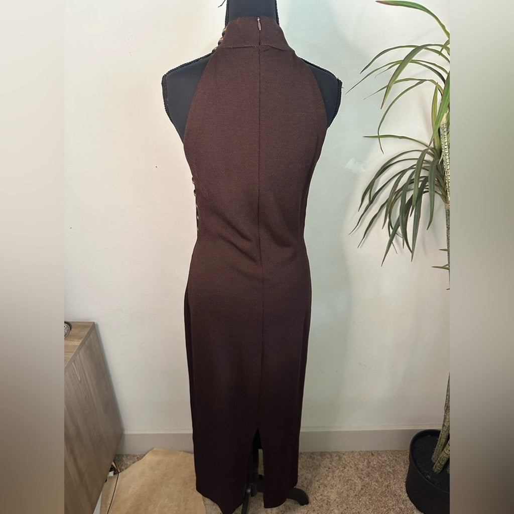 St. John Evening Knit mock neck gown rhinestone collar chocolate brown dress 4