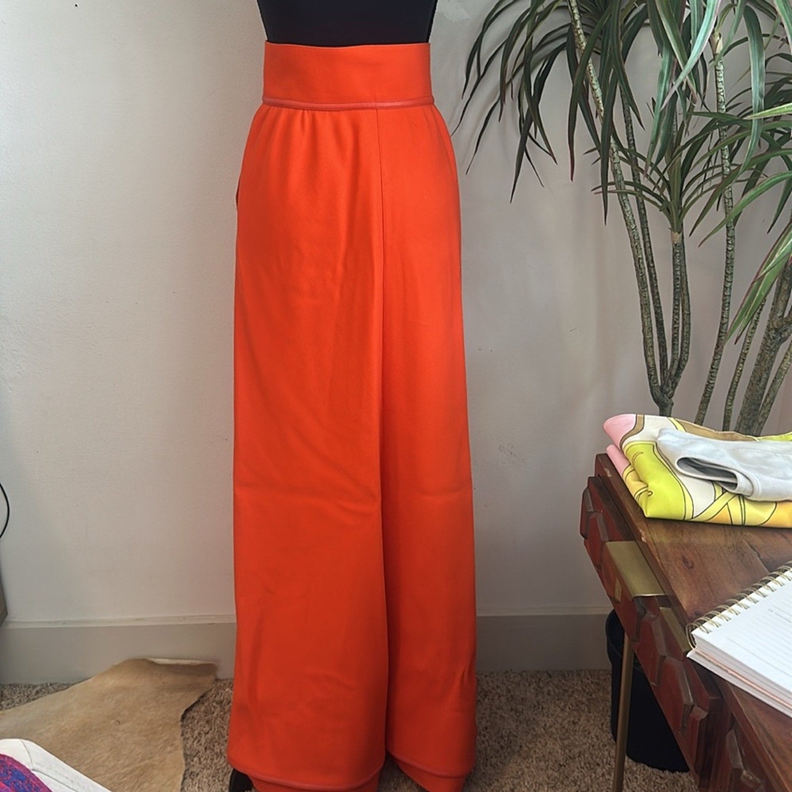 Vintage 1960 Andre Courreges orange wool maxi skirt leather trim high waist maxi