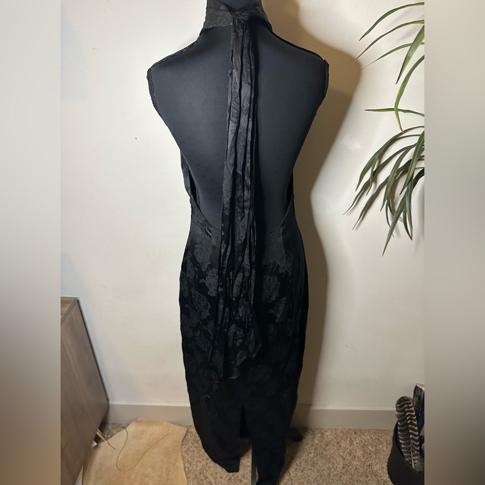 Ronny Kobo black floral Nola evening dress w/ plunging neckline & choker collar