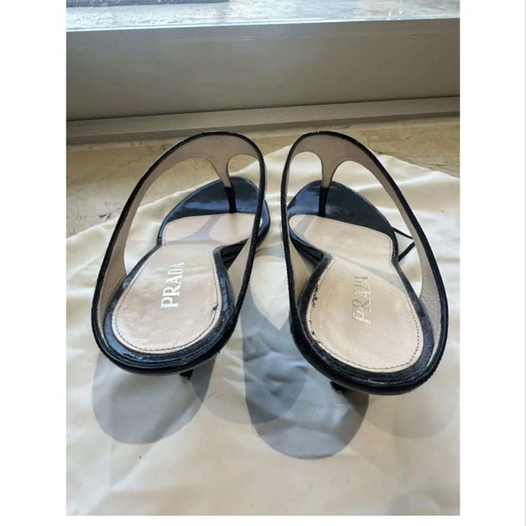 Prada black patent leather thong sandals Elegant Black Women's Heels 38.5
