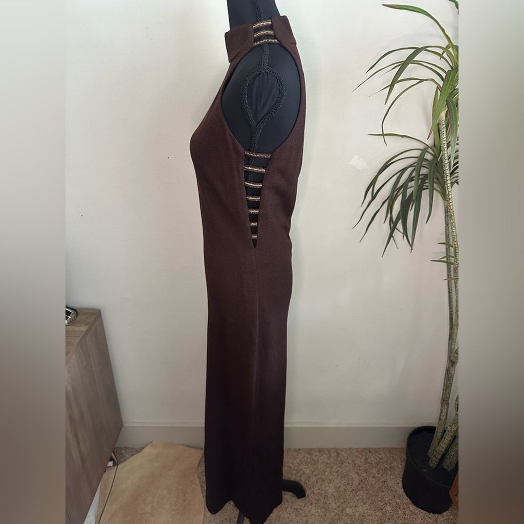 St. John Evening Knit mock neck gown rhinestone collar chocolate brown dress 4