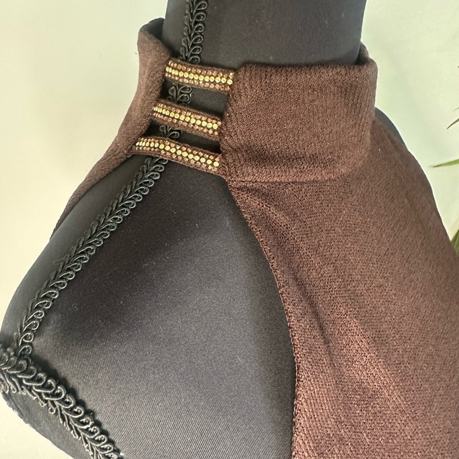 St. John Evening Knit mock neck gown rhinestone collar chocolate brown dress 4