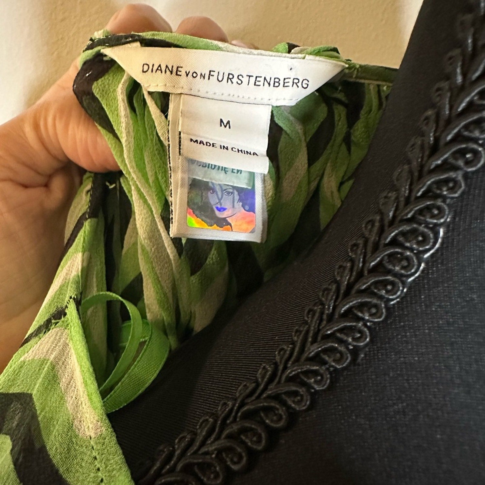 Vintage Diane Von Furstenberg 100% green black silk retro print sheer cover up
