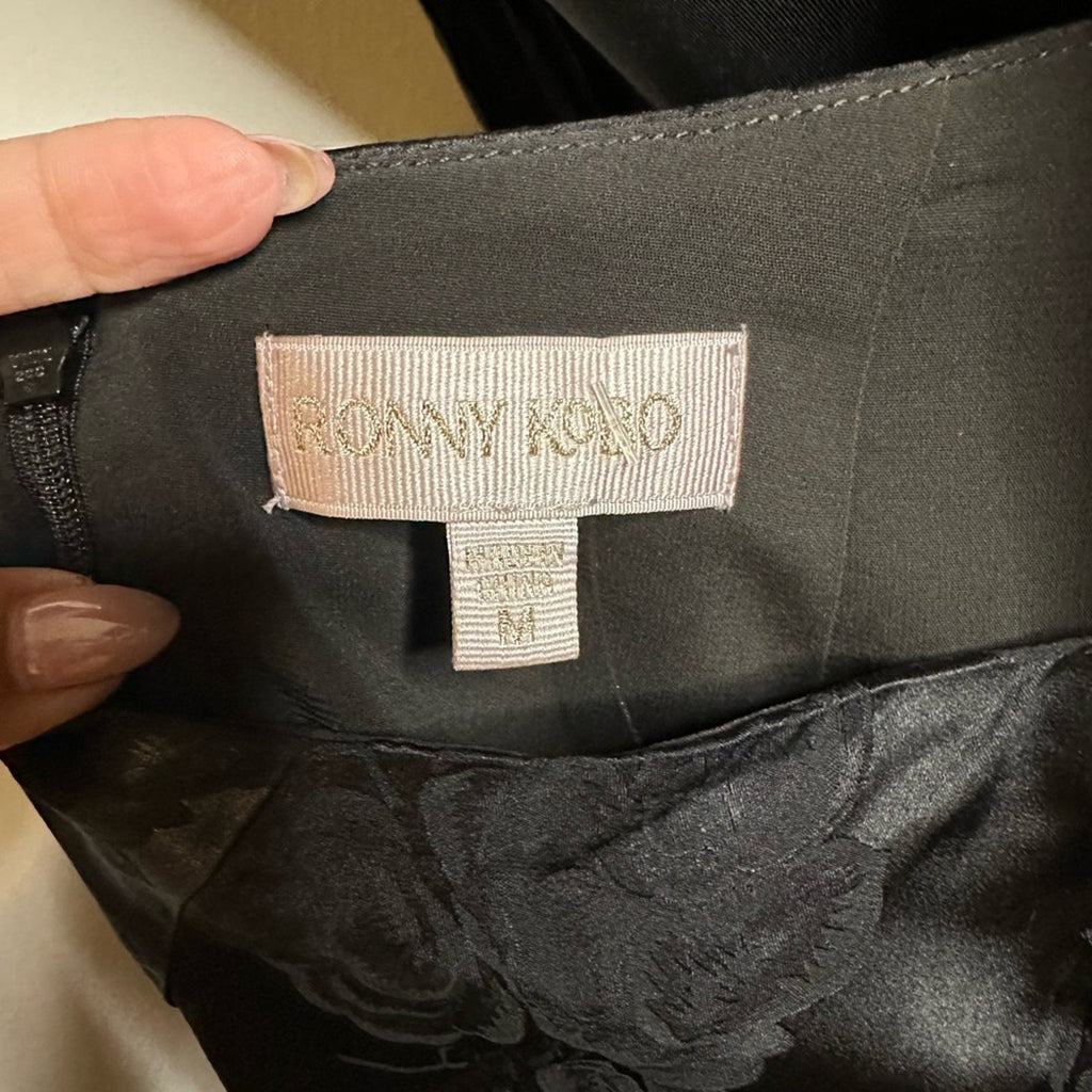 Ronny Kobo black floral Nola evening dress w/ plunging neckline & choker collar