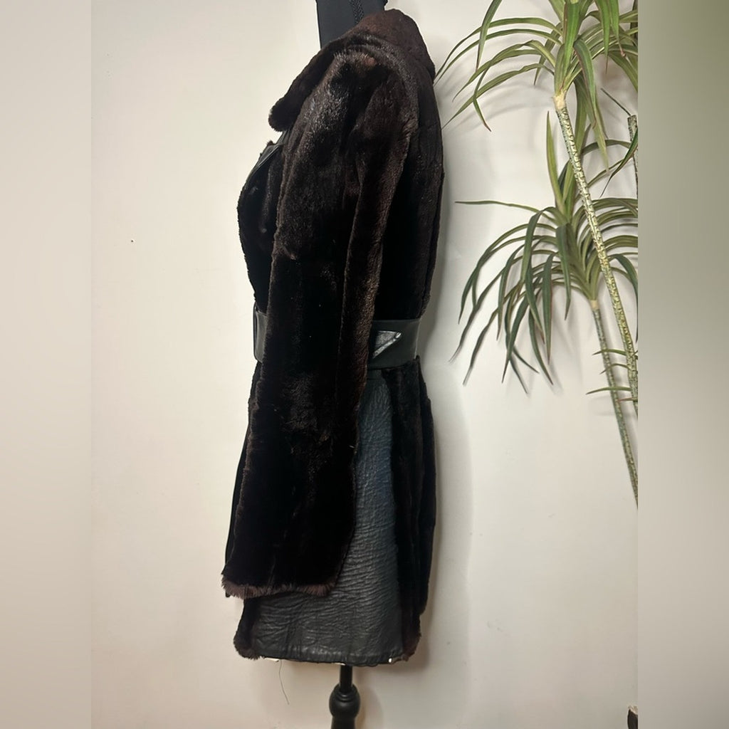 Vintage 70s Tolchinsky Brown Fur & Black Leather Trench Coat Belted Boho Jacket
