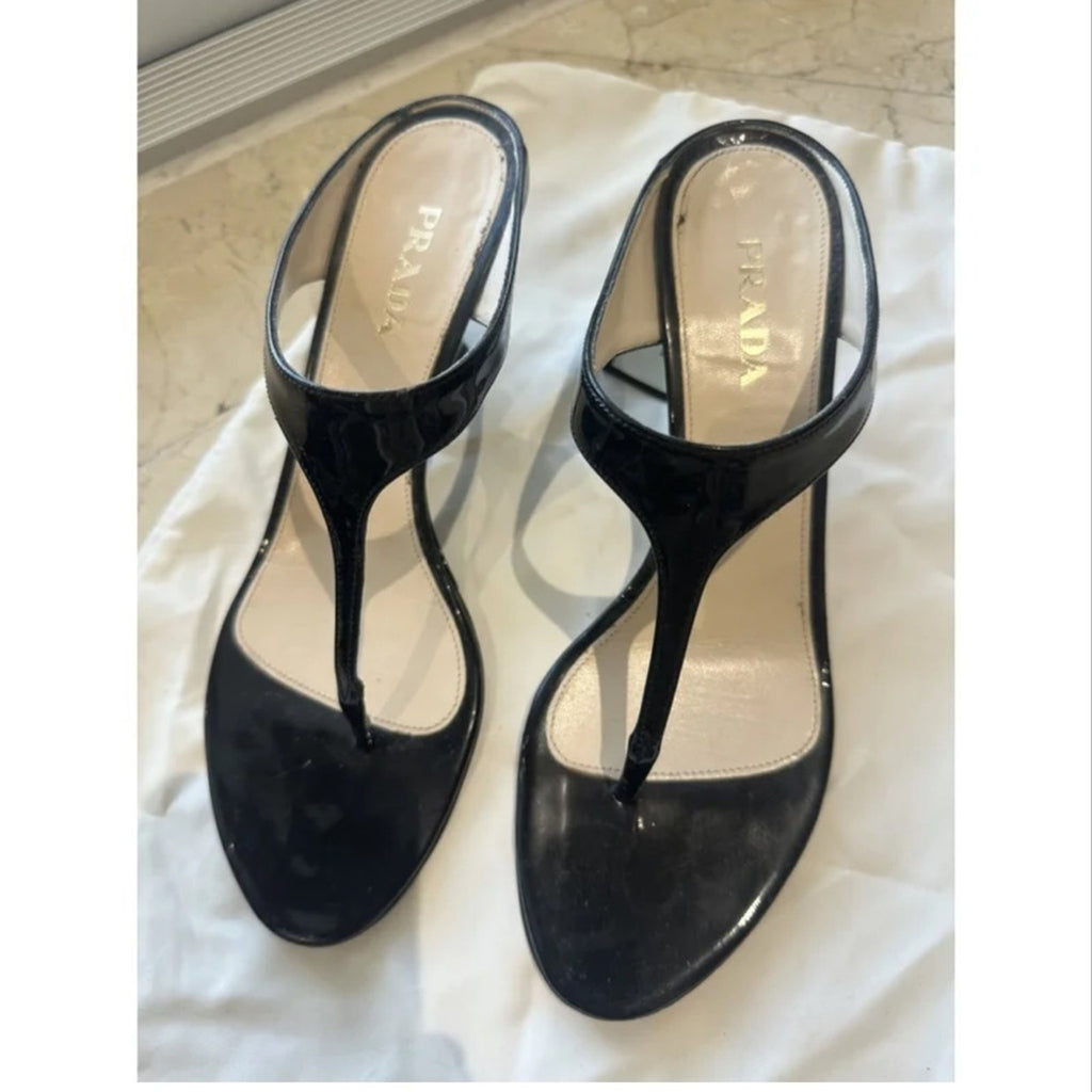 Prada black patent leather thong sandals Elegant Black Women's Heels 38.5