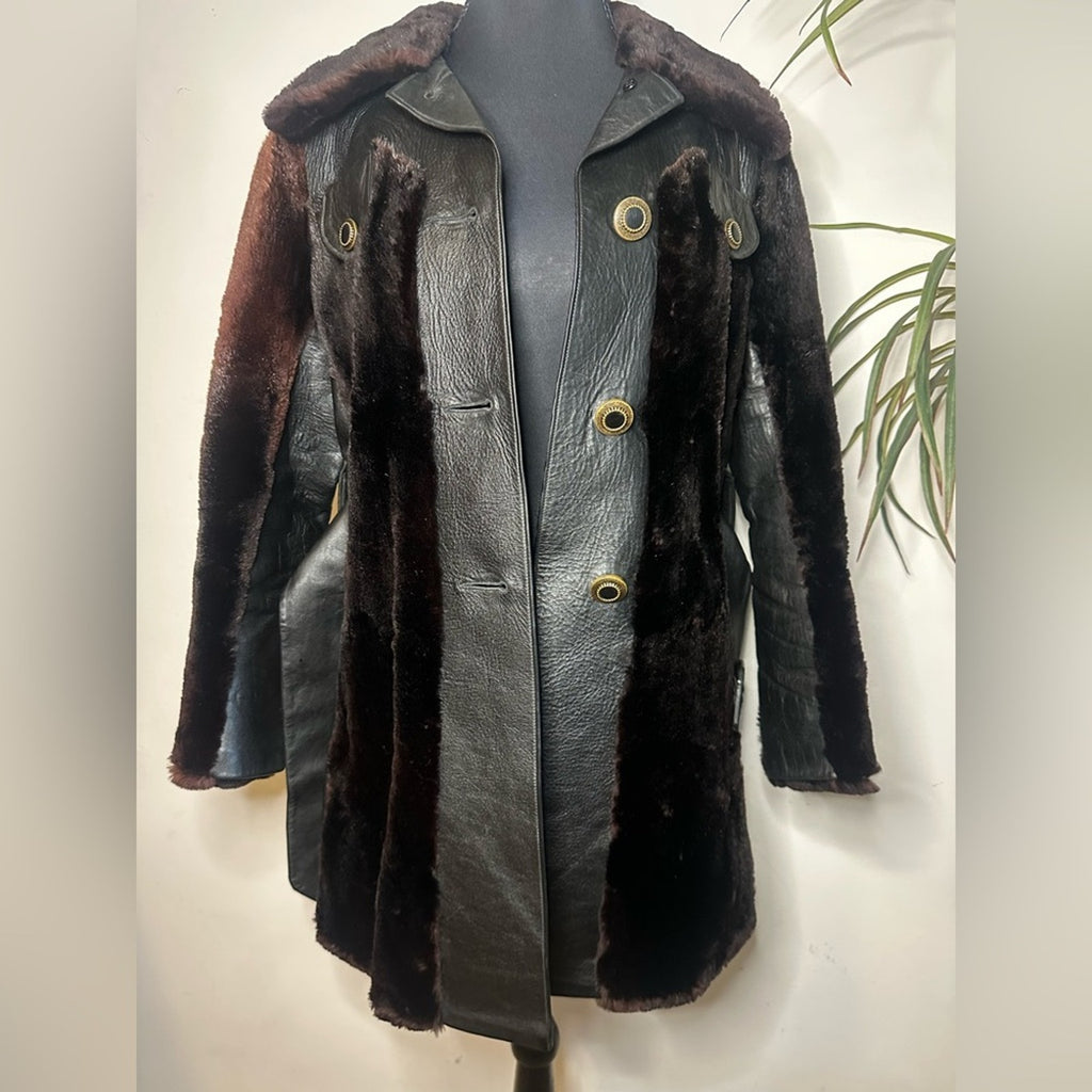 Vintage 70s Tolchinsky Brown Fur & Black Leather Trench Coat Belted Boho Jacket