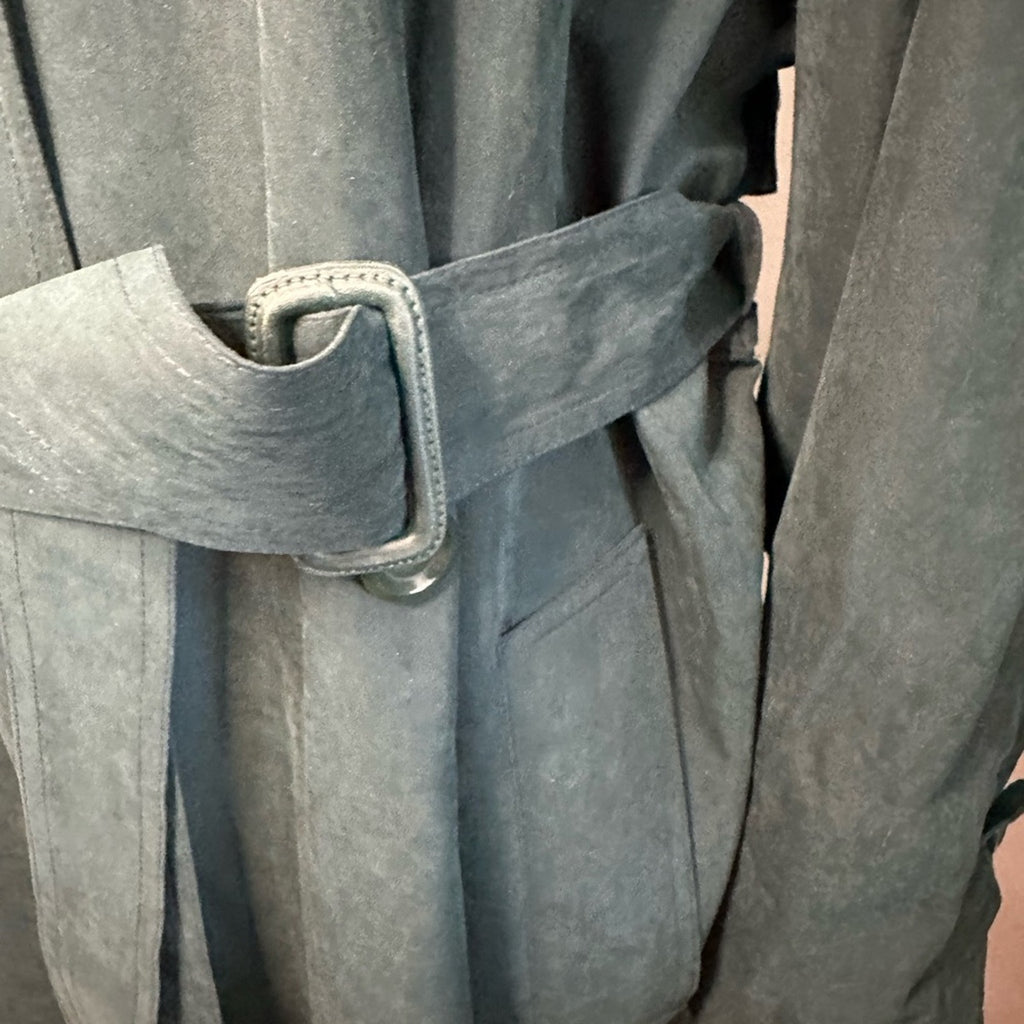 London fog, green suede, maxi, trenchcoat double breasted with belt 10