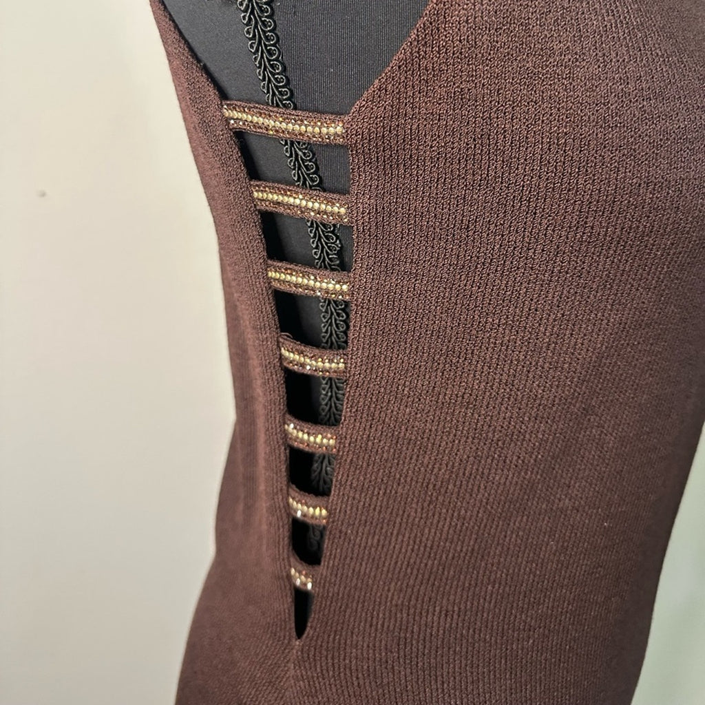 St. John Evening Knit mock neck gown rhinestone collar chocolate brown dress 4