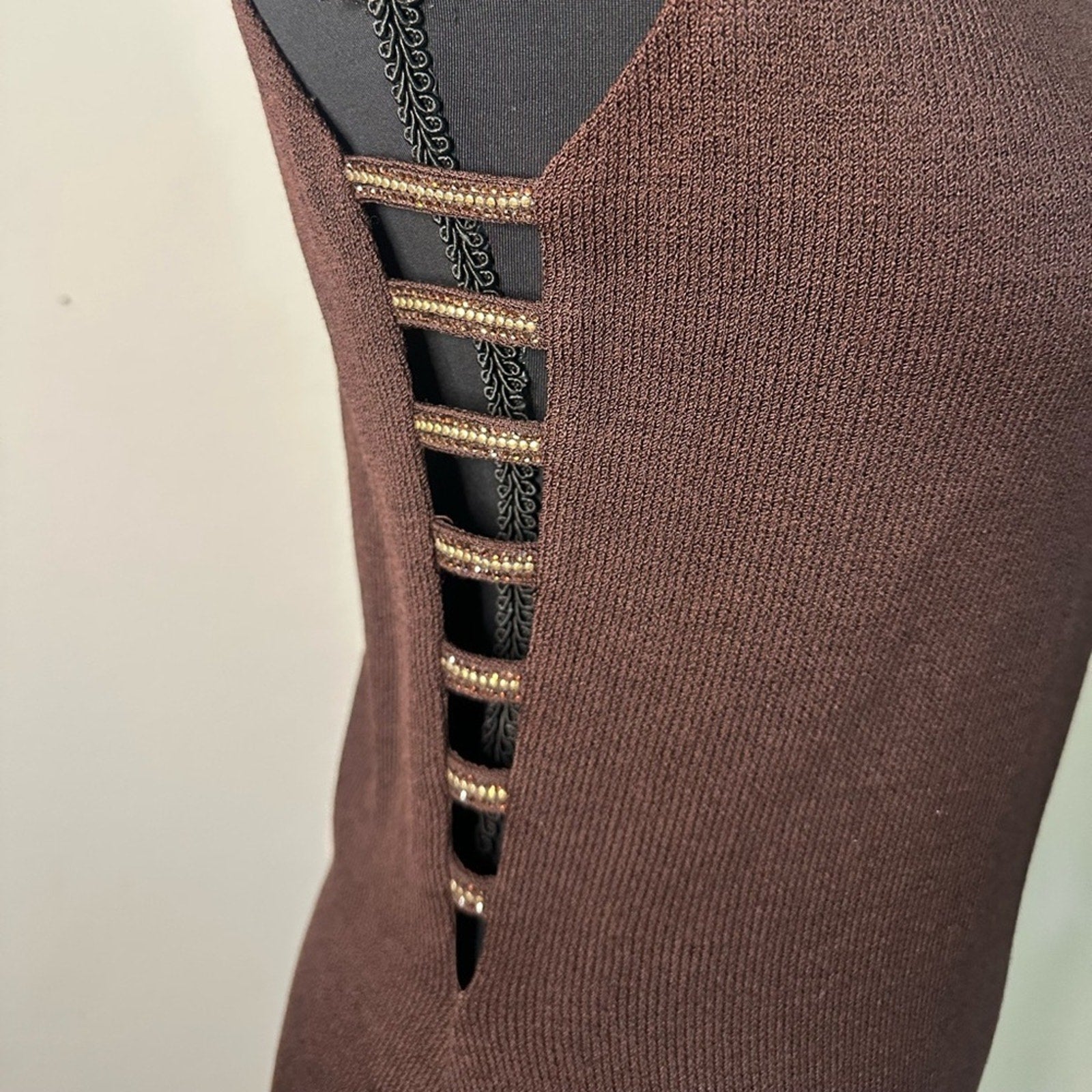St. John Evening Knit mock neck gown rhinestone collar chocolate brown dress 4