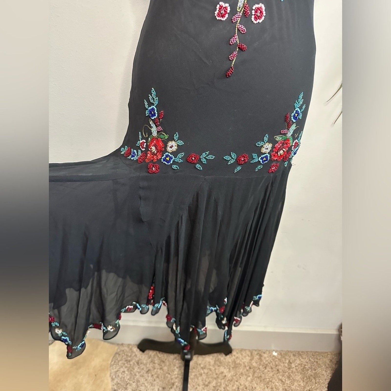 Sue Wong vintage silk beaded asymmetrical midi dress Y2K 90s style Fairycore