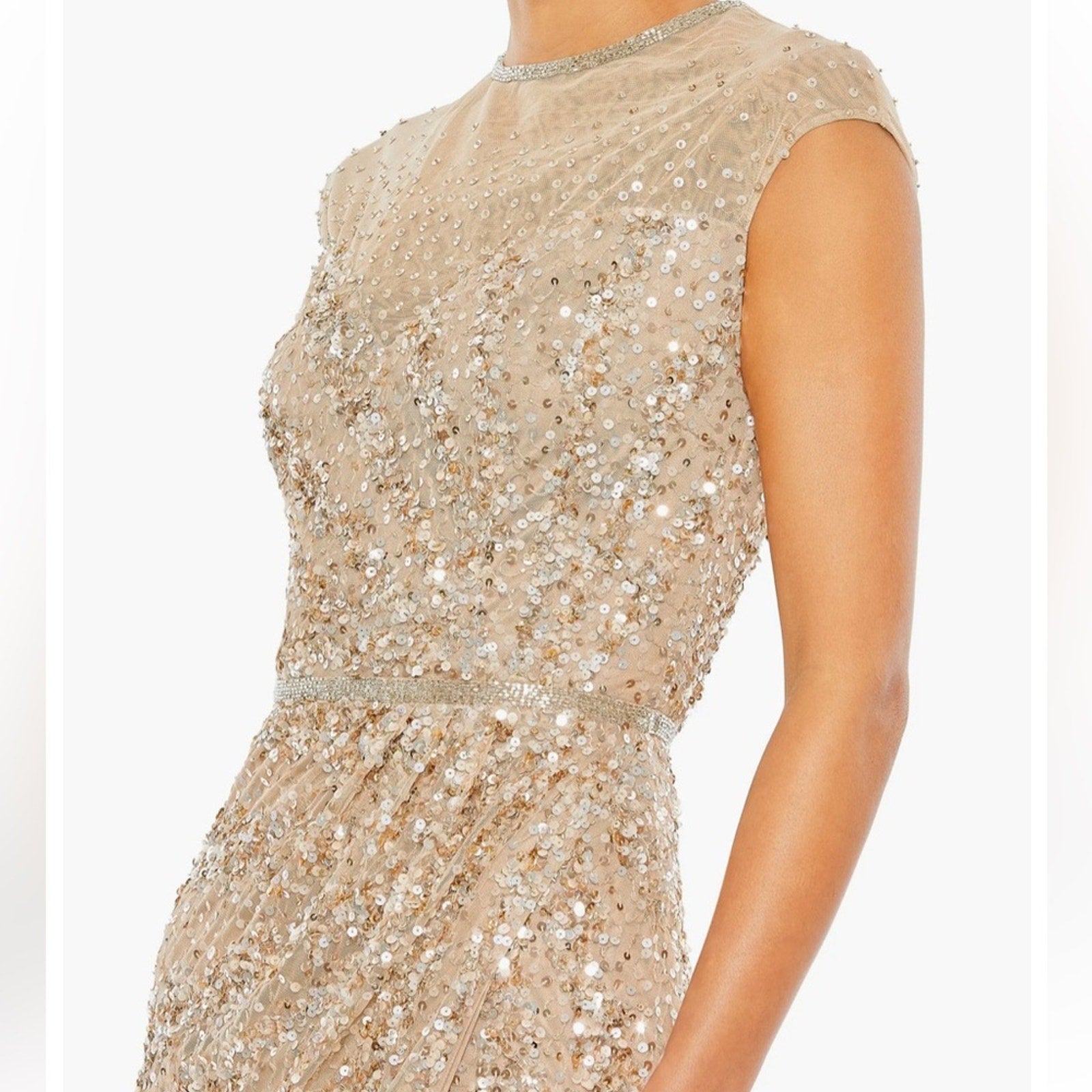 Mac Duggal Illusion Neck Sequin Gown blush pink silver beaded formal dress