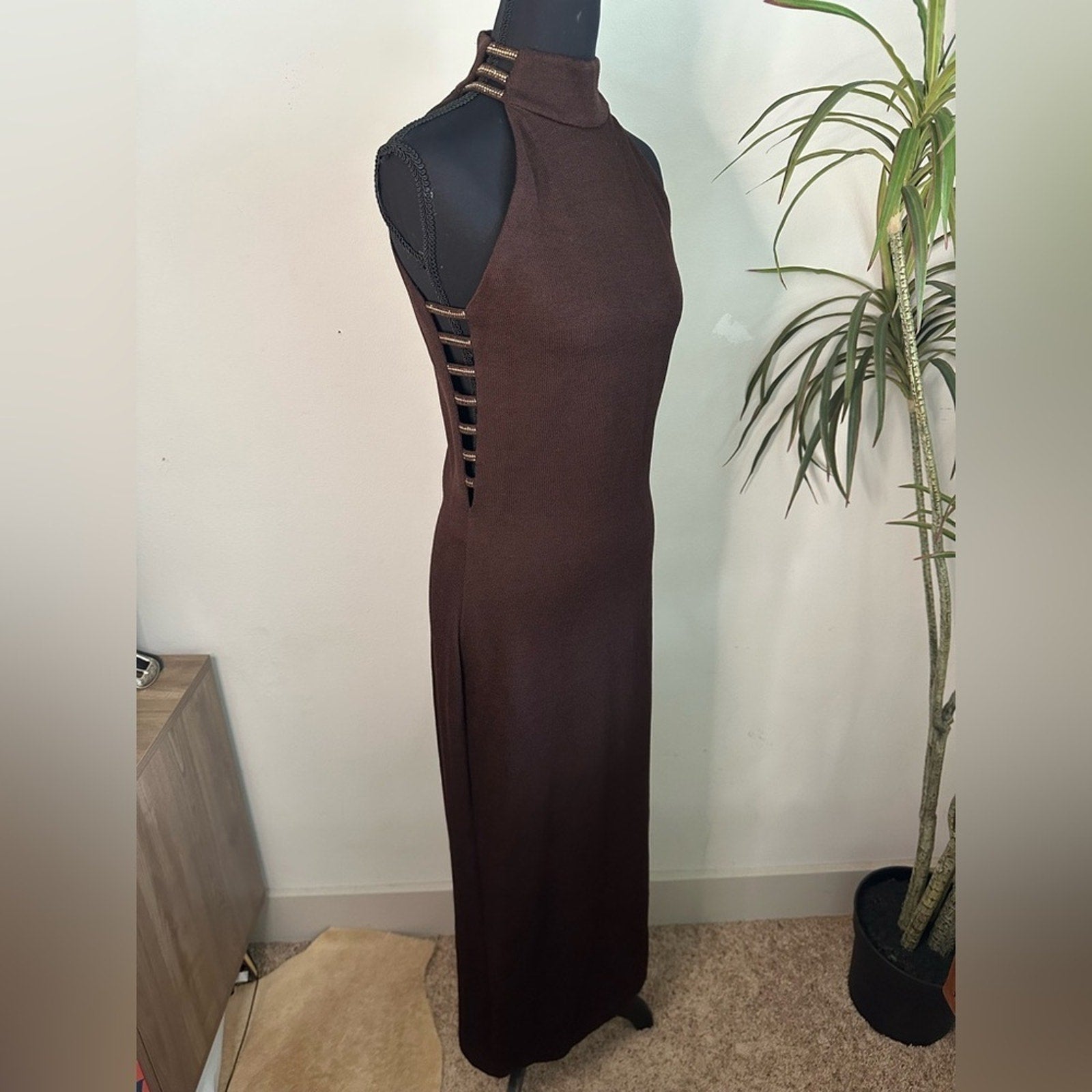 St. John Evening Knit mock neck gown rhinestone collar chocolate brown dress 4