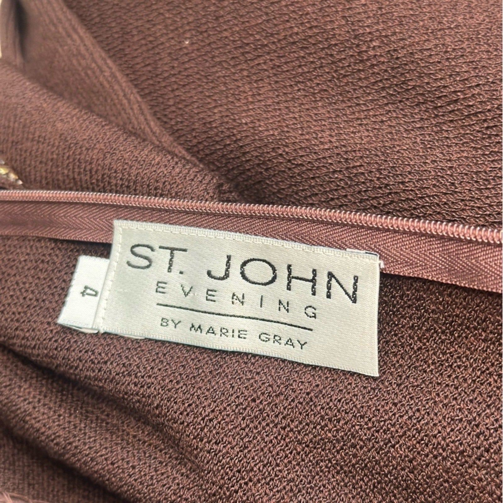 St. John Evening Knit mock neck gown rhinestone collar chocolate brown dress 4