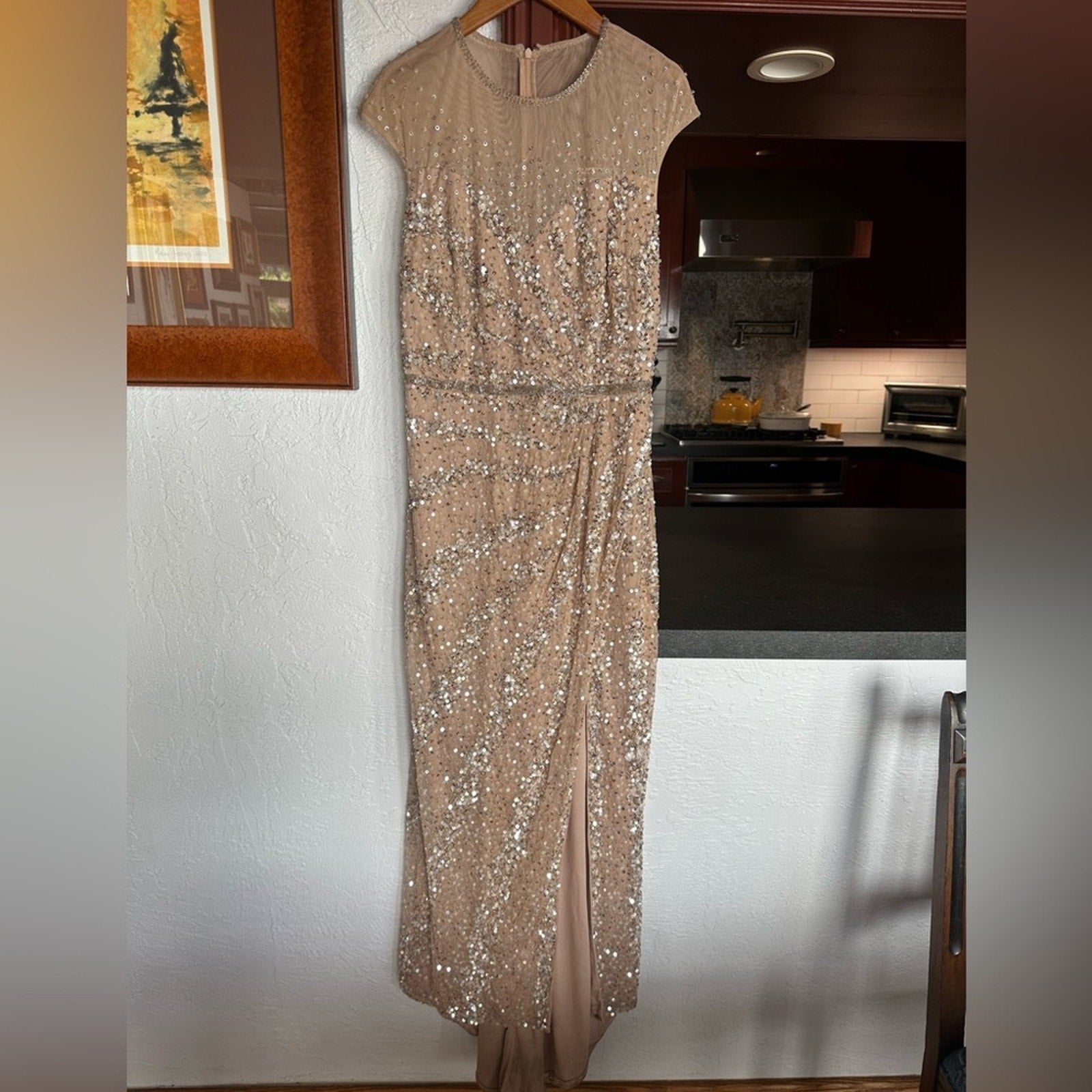 Mac Duggal Illusion Neck Sequin Gown blush pink silver beaded formal dress