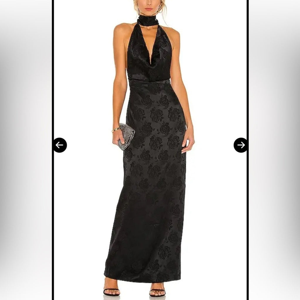 Ronny Kobo black floral Nola evening dress w/ plunging neckline & choker collar