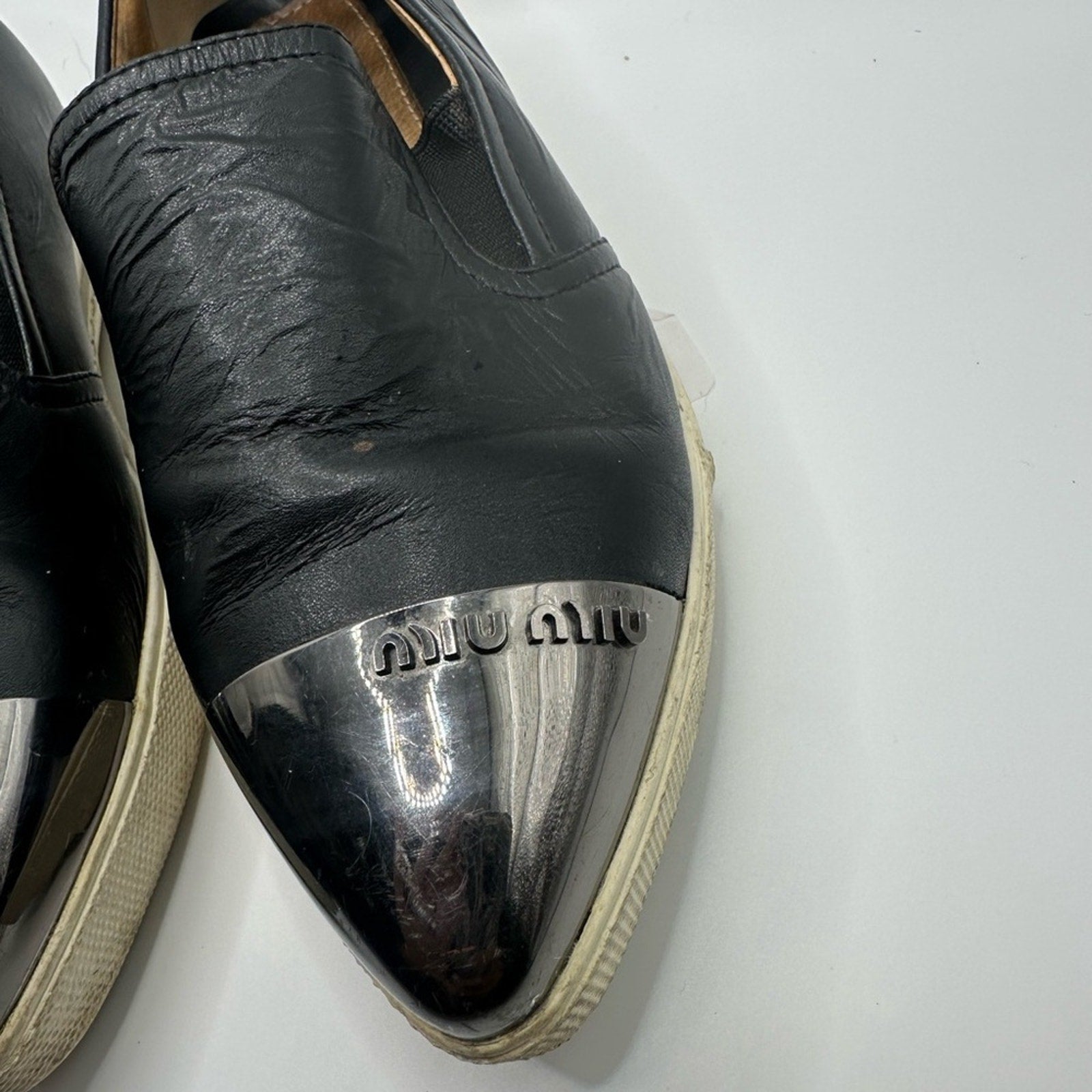 Miu Miu Womens Skate Shoes Black Leather Slip On Metal Cap Toe Size 36 Flats