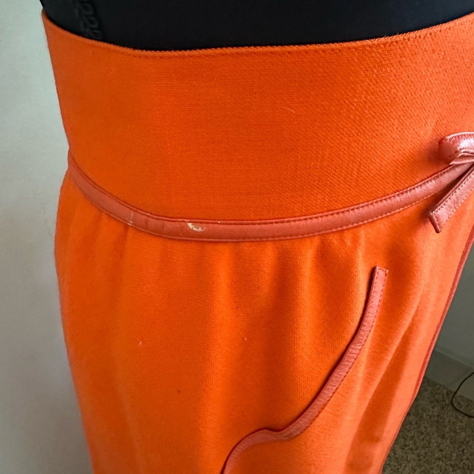 Vintage 1960 Andre Courreges orange wool maxi skirt leather trim high waist maxi