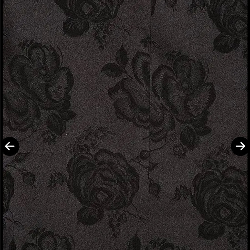 Ronny Kobo black floral Nola evening dress w/ plunging neckline & choker collar