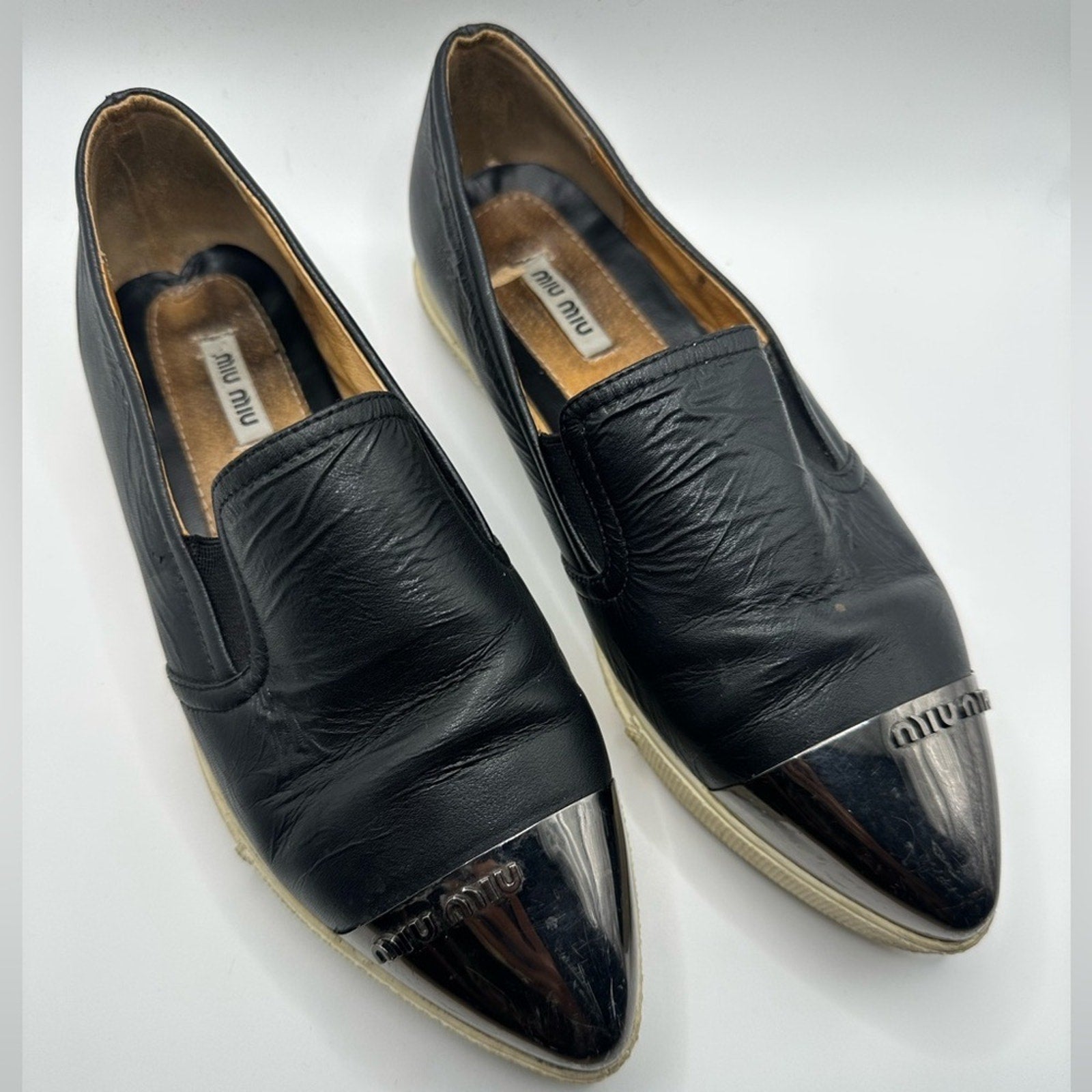 Miu Miu Womens Skate Shoes Black Leather Slip On Metal Cap Toe Size 36 Flats