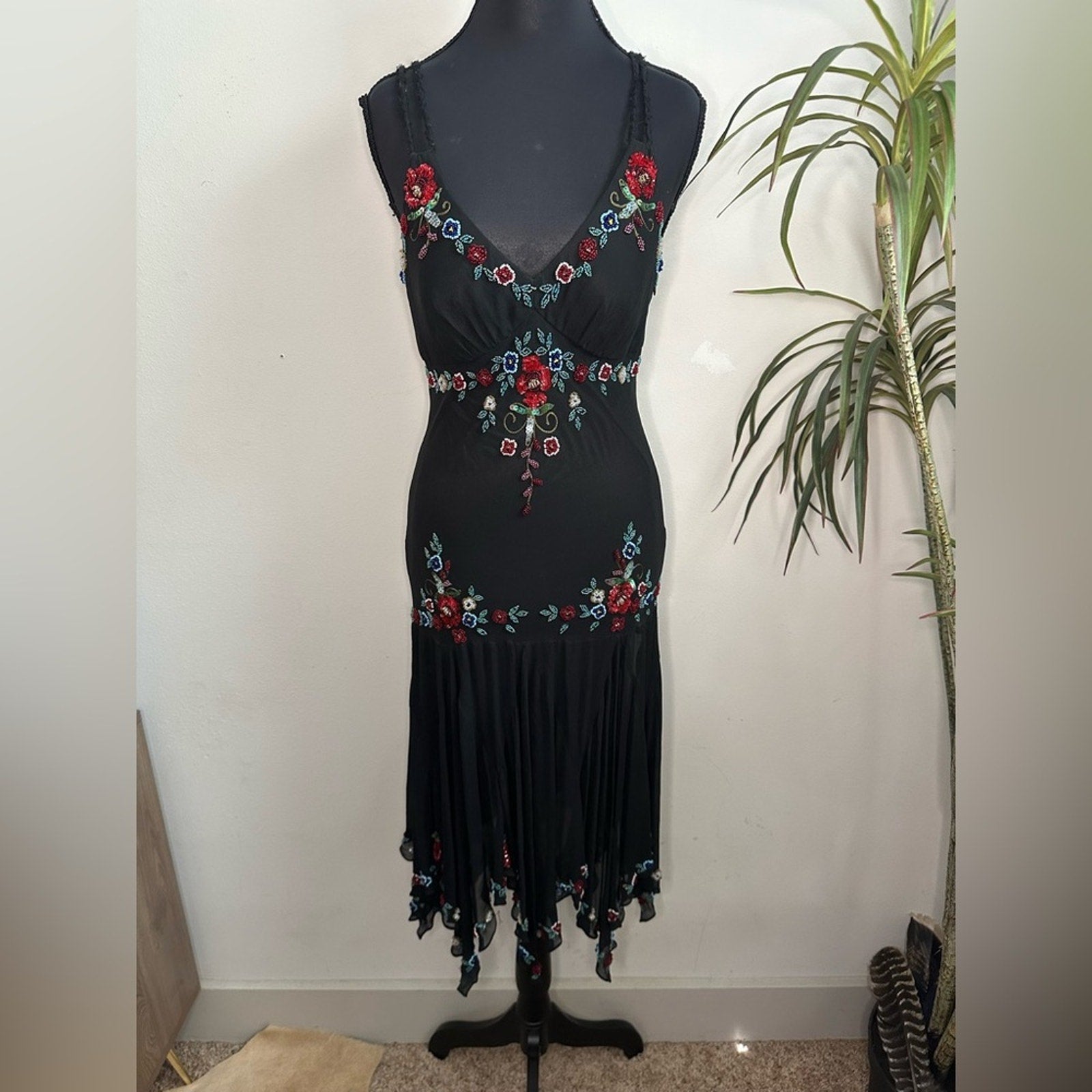 Sue Wong vintage silk beaded asymmetrical midi dress Y2K 90s style Fairycore