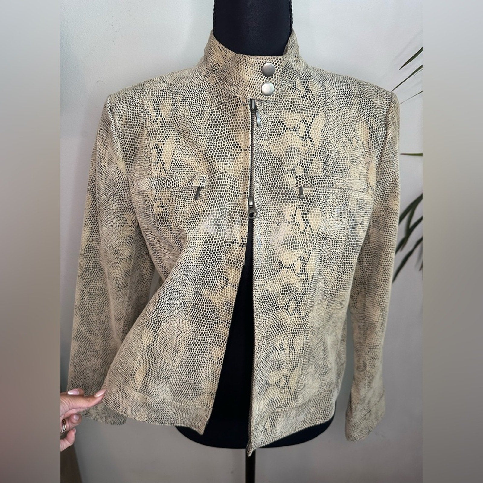 Alfani Leather snakeskin boxy double zipper high collar jacket small