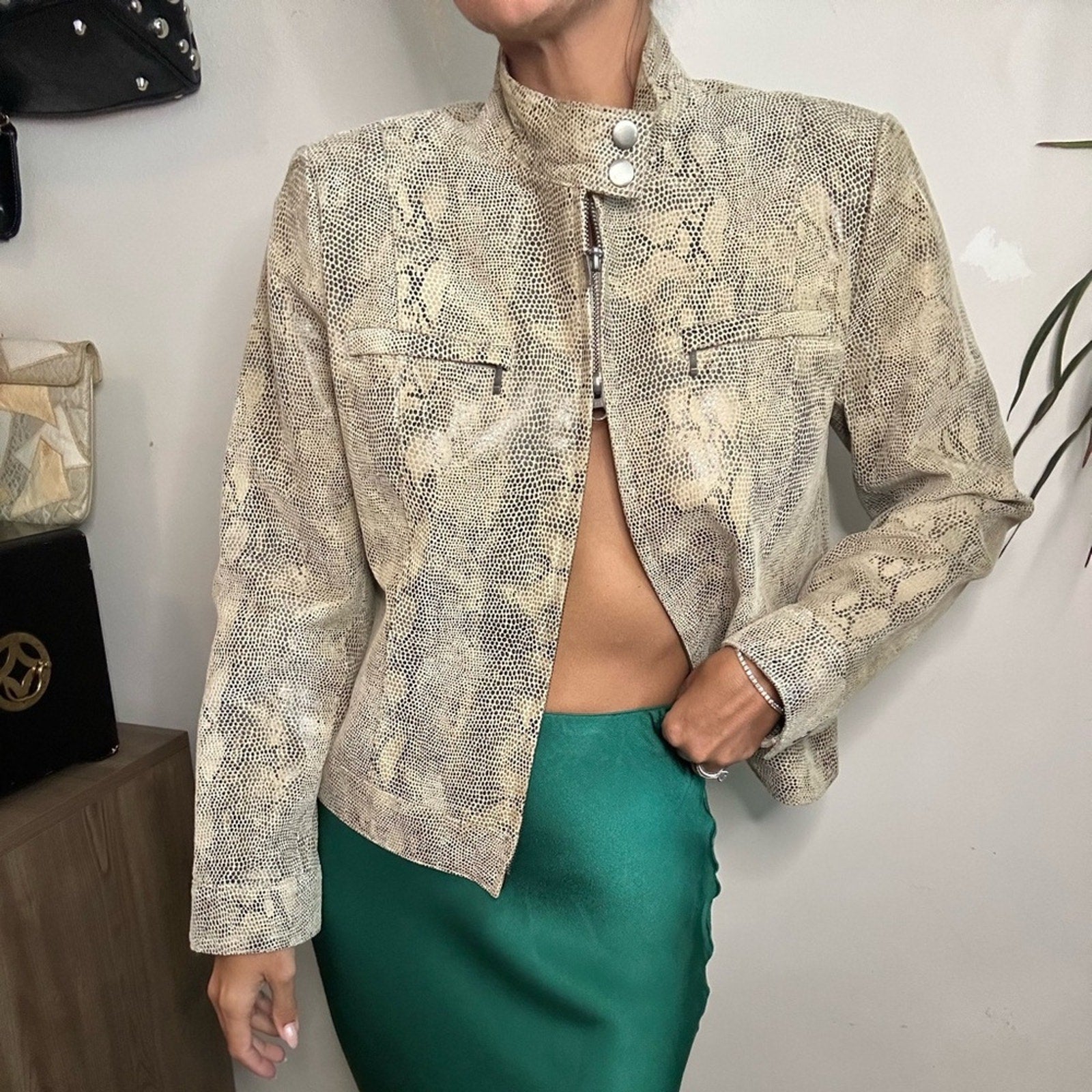 Alfani Leather snakeskin boxy double zipper high collar jacket small