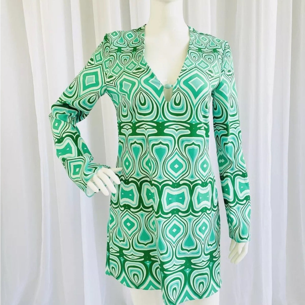 Mango retro green printed pattern dress longs sleeve 60s dress small